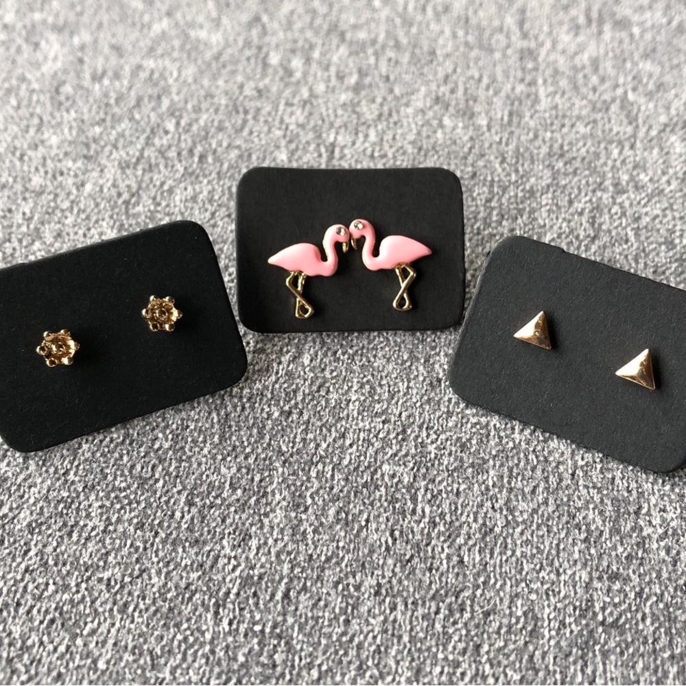 Set of 3 ~ Earrings ~ Flamingo Triangle Flower Studs ~ Brand New!